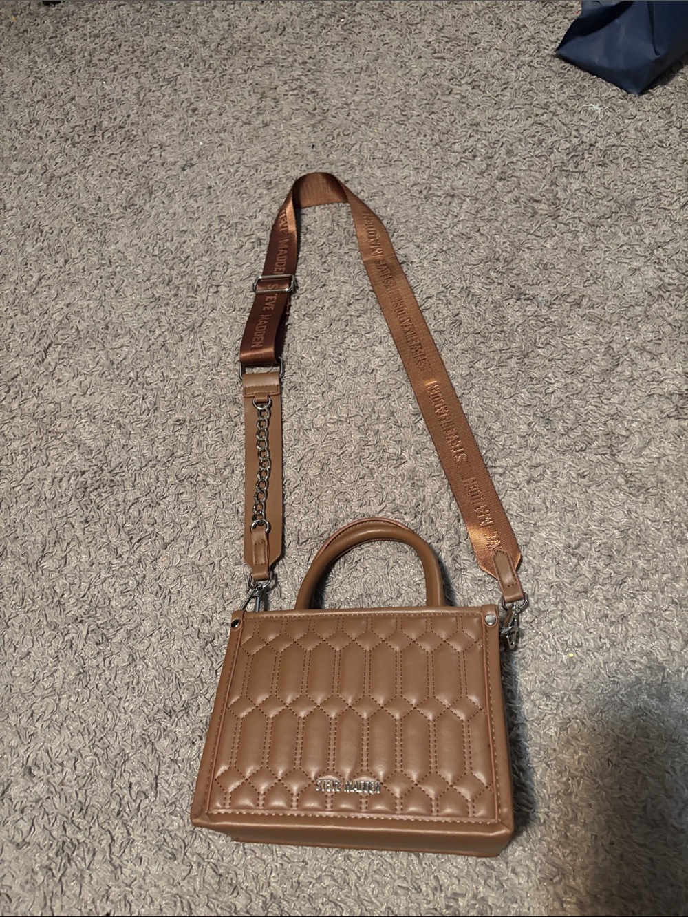 Steve Madden Brown Quilted Mini Satchel with Branded Strap